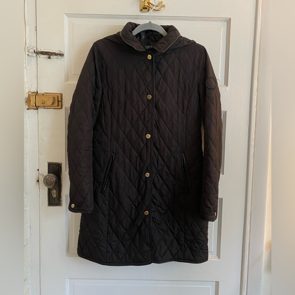 Ralph Lauren Quilted Black Hooded Long Jacket Coat Size Medium